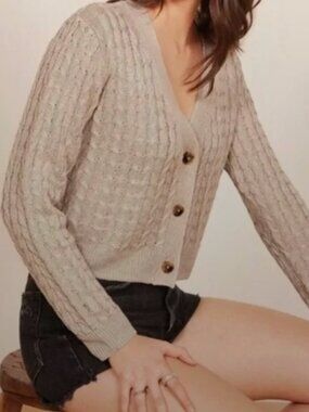 Reformation Linen Cardigan Cream Cable Knit Cropped Button Front Sweater Medium